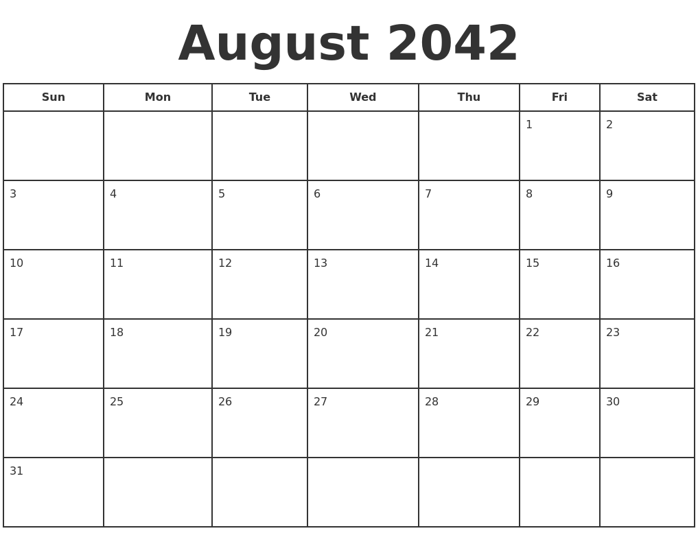 August 2042 Print A Calendar