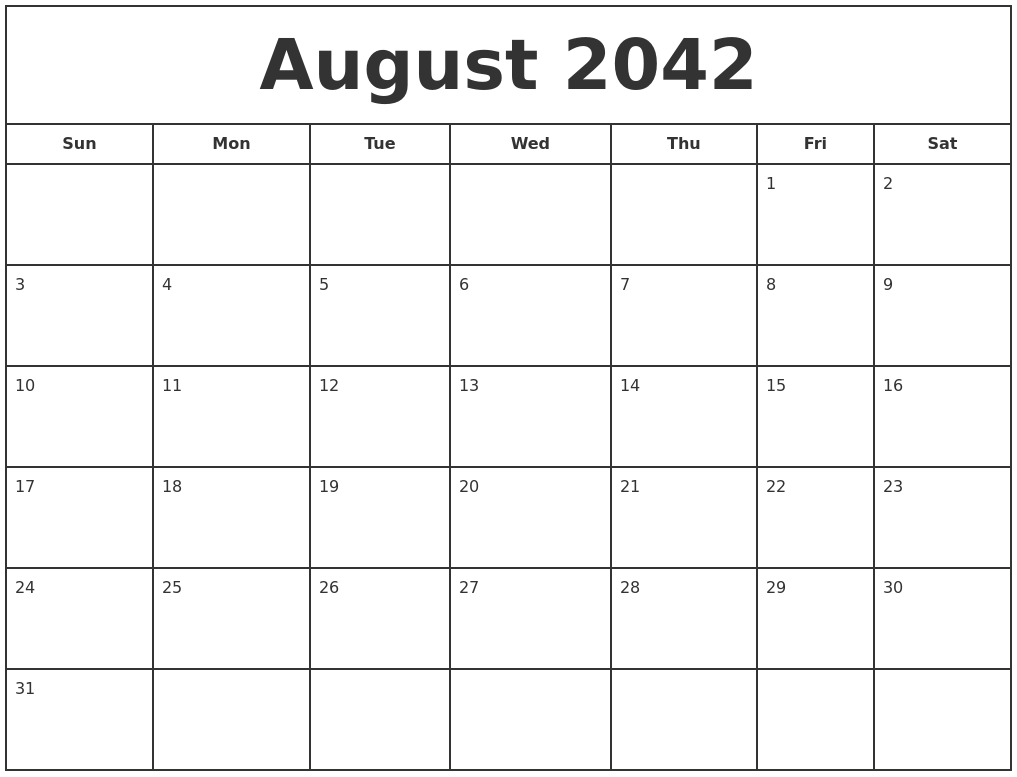 August 2042 Print Free Calendar