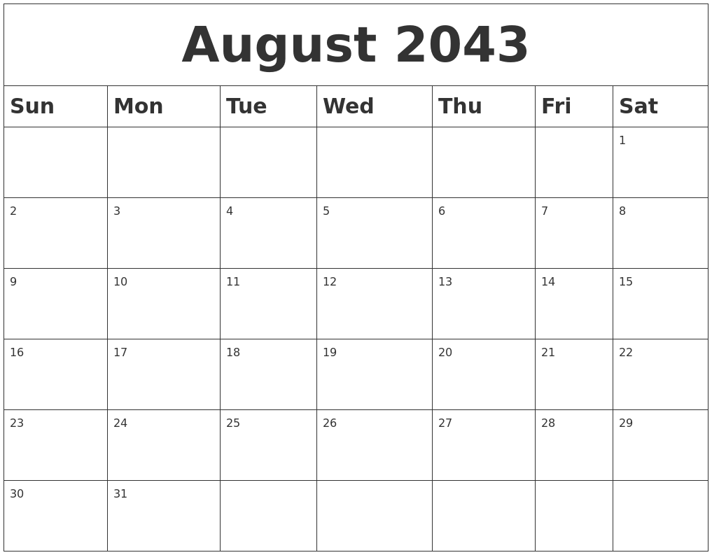 August 2043 Blank Calendar