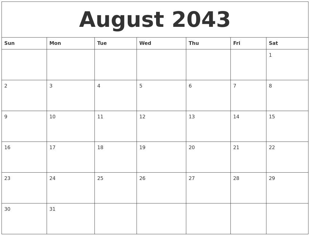 August 2043 Blank Monthly Calendar Template