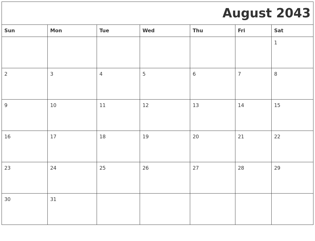 August 2043 Download Calendar