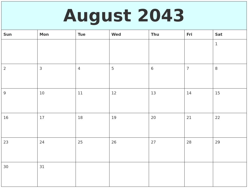 August 2043 Free Calendar