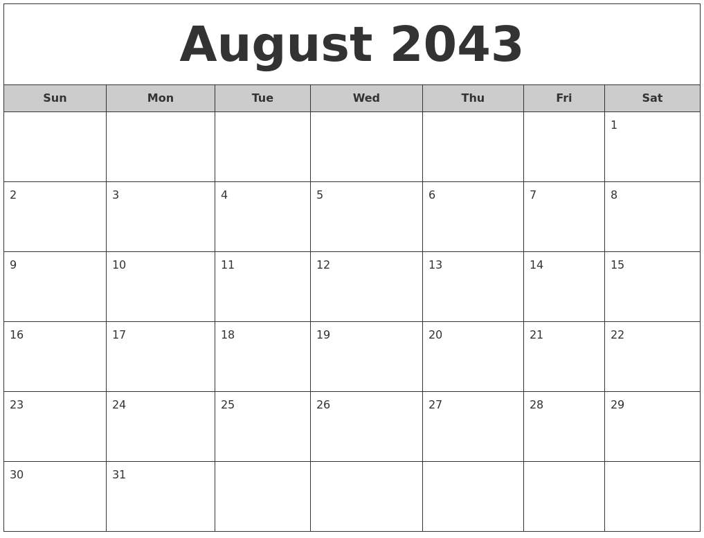 August 2043 Free Monthly Calendar