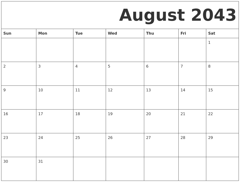 August 2043 Free Printable Calendar