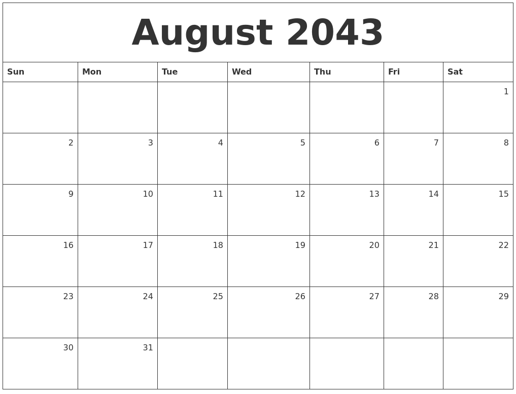 August 2043 Monthly Calendar