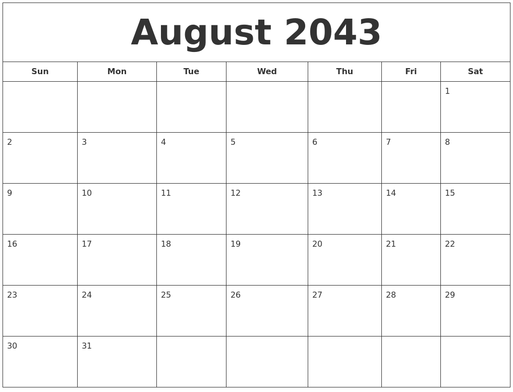August 2043 Printable Calendar