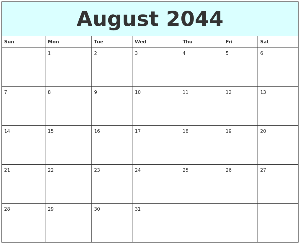 August 2044 Free Calendar