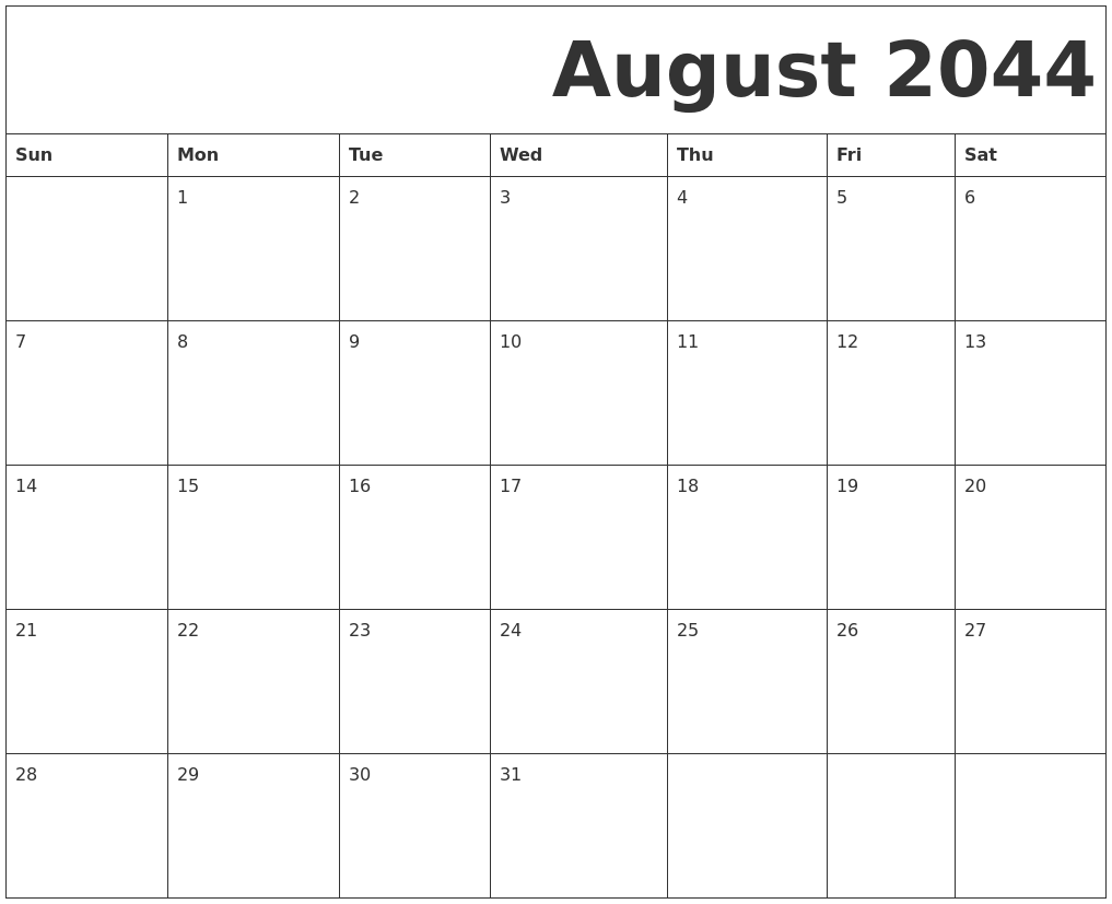 August 2044 Free Printable Calendar