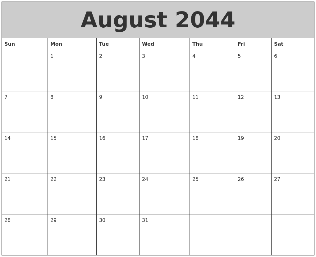 August 2044 My Calendar