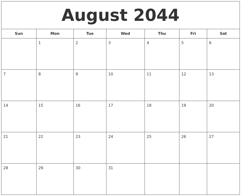 August 2044 Printable Calendar