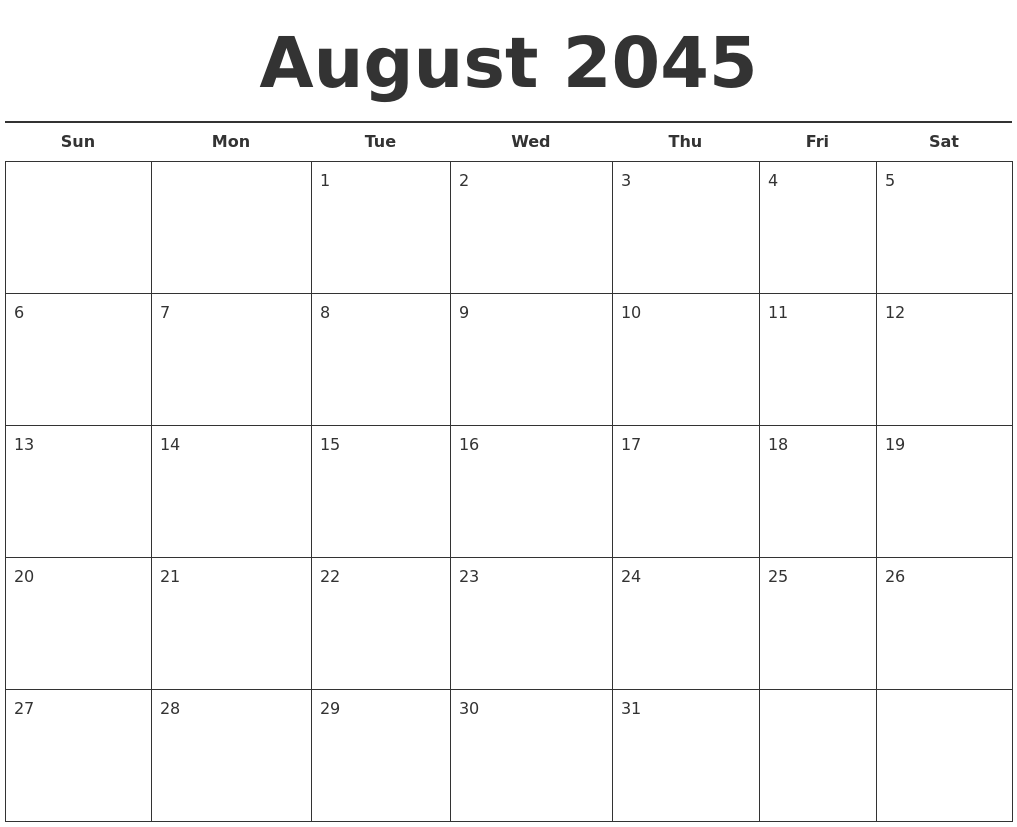 August 2045 Free Calendar Template