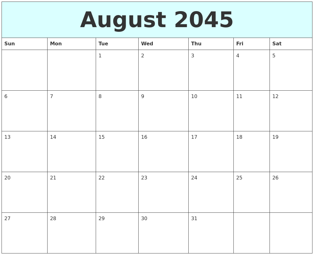 August 2045 Free Calendar
