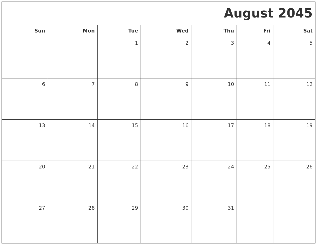 August 2045 Printable Blank Calendar