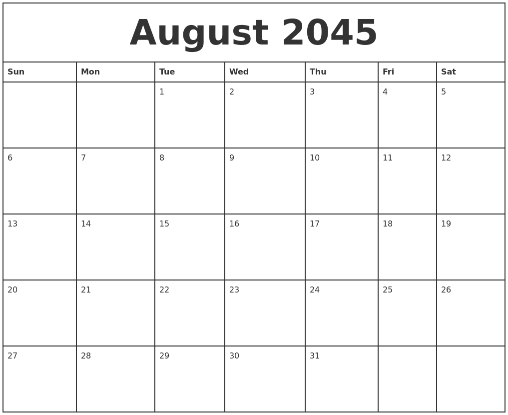 August 2045 Printable Monthly Calendar