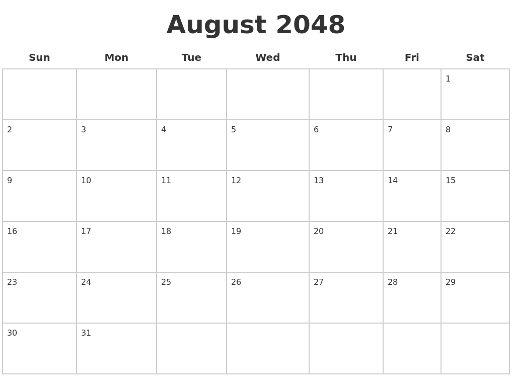 August 2048 Blank Calendar Pages