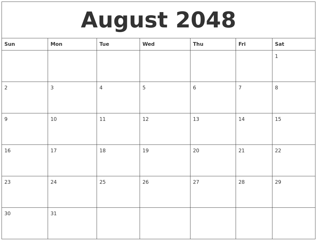 August 2048 Blank Monthly Calendar Template