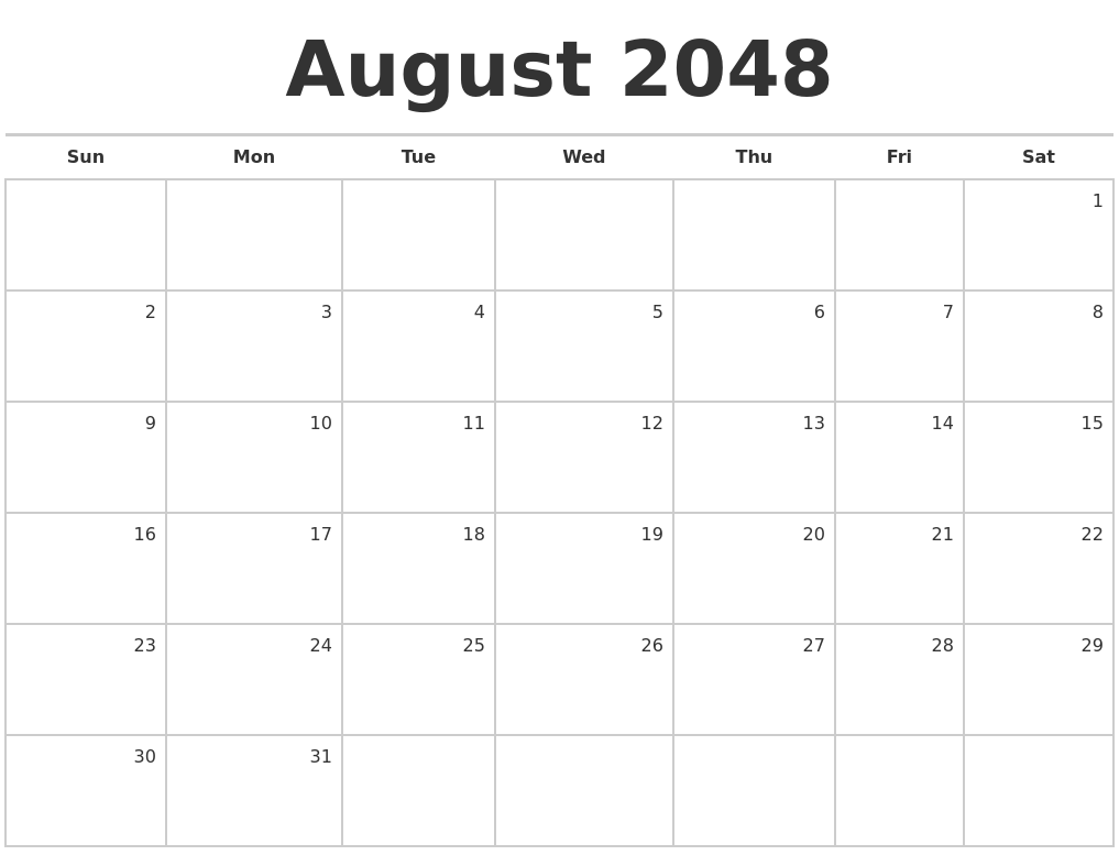 August 2048 Blank Monthly Calendar