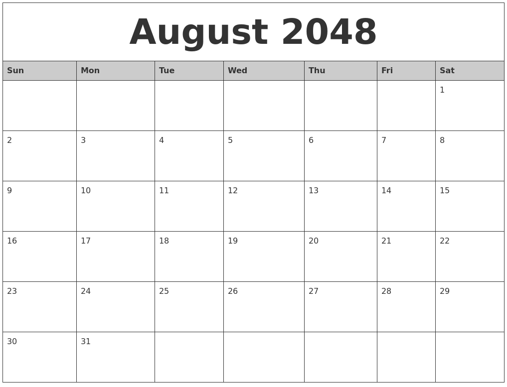 August 2048 Monthly Calendar Printable