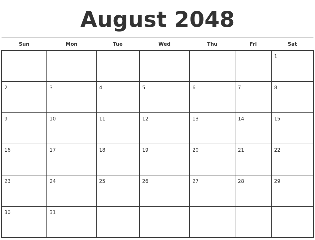 August 2048 Monthly Calendar Template