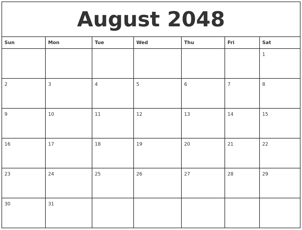 August 2048 Printable Monthly Calendar