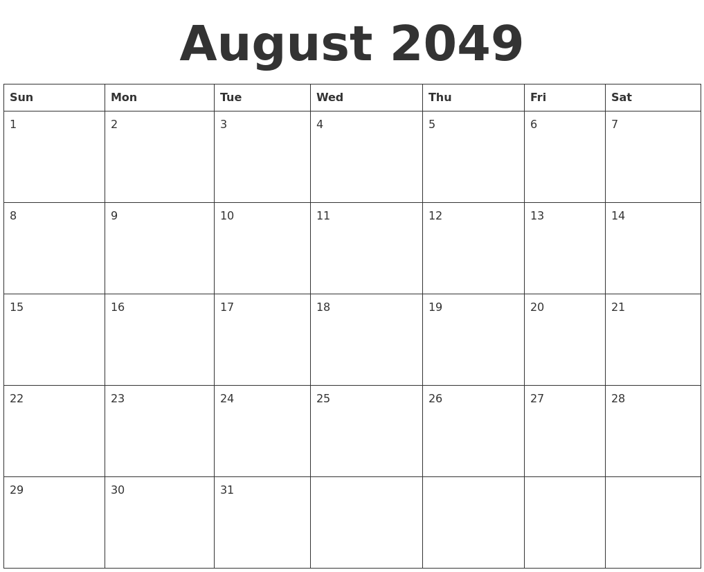 August 2049 Blank Calendar Template