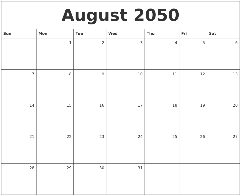 August 2050 Monthly Calendar