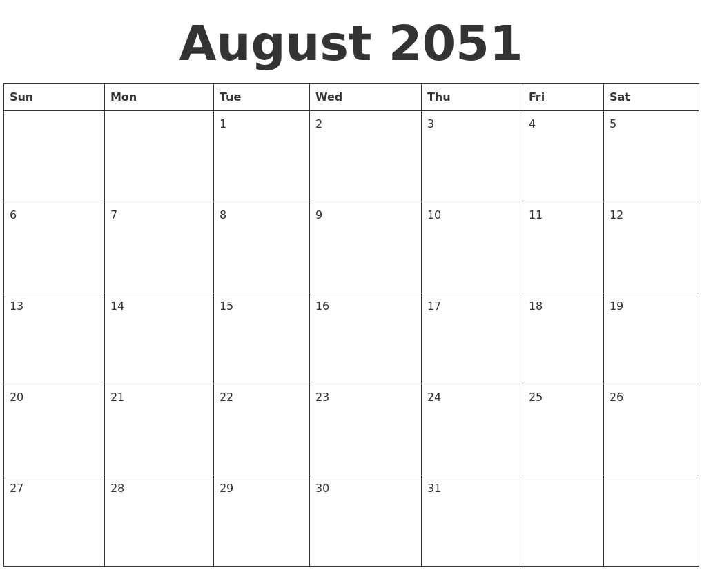August 2051 Blank Calendar Template