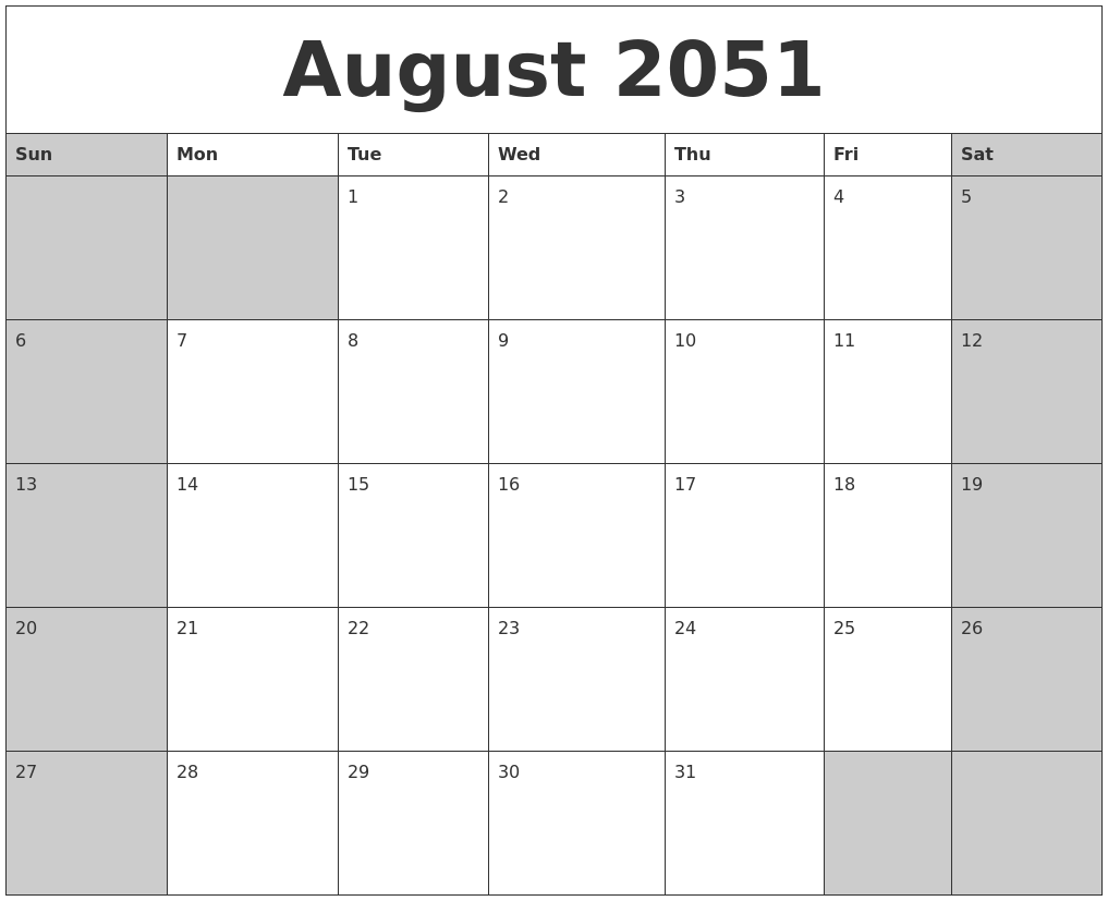 August 2051 Calanders
