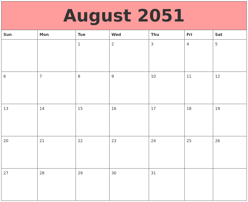 August 2051 Calendars That Work