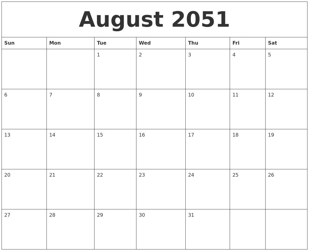 August 2051 Free Printable Weekly Calendar