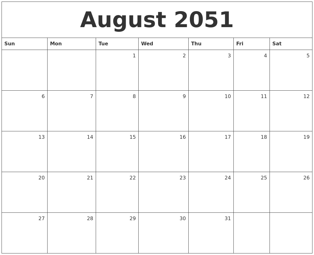 August 2051 Monthly Calendar