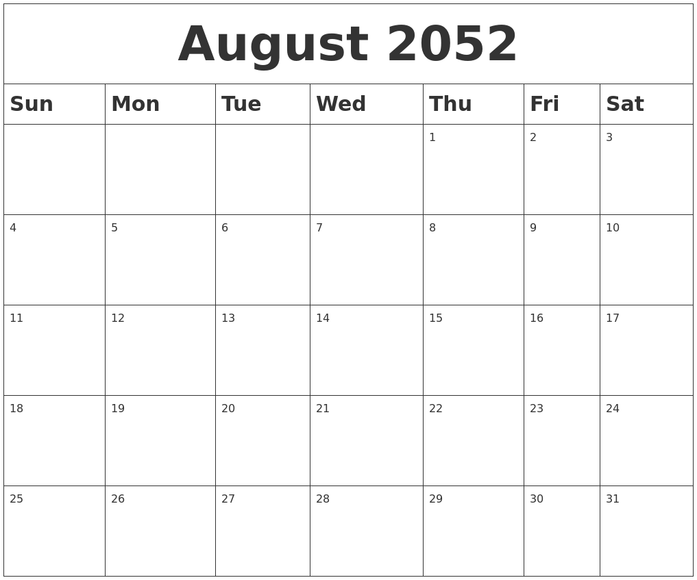 August 2052 Blank Calendar