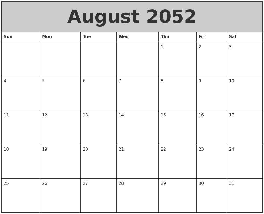 August 2052 My Calendar