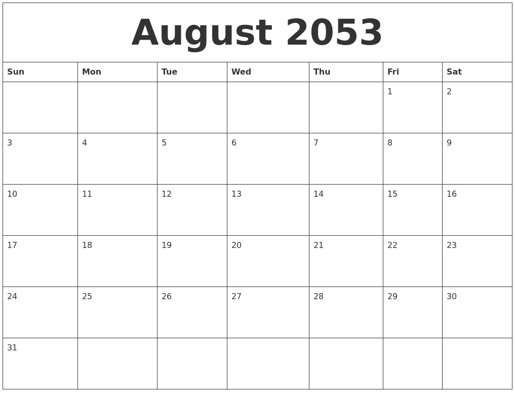 August 2053 Calendar Printable Free