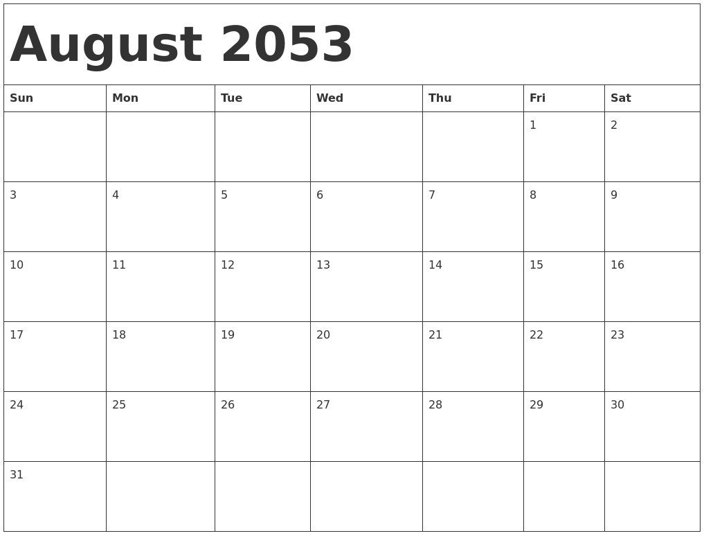August 2053 Calendar Template