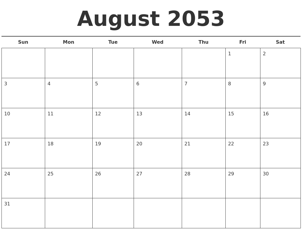 August 2053 Free Calendar Template