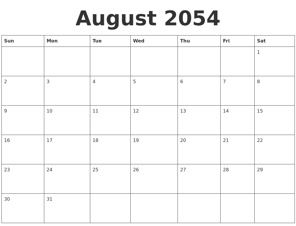 August 2054 Blank Calendar Template