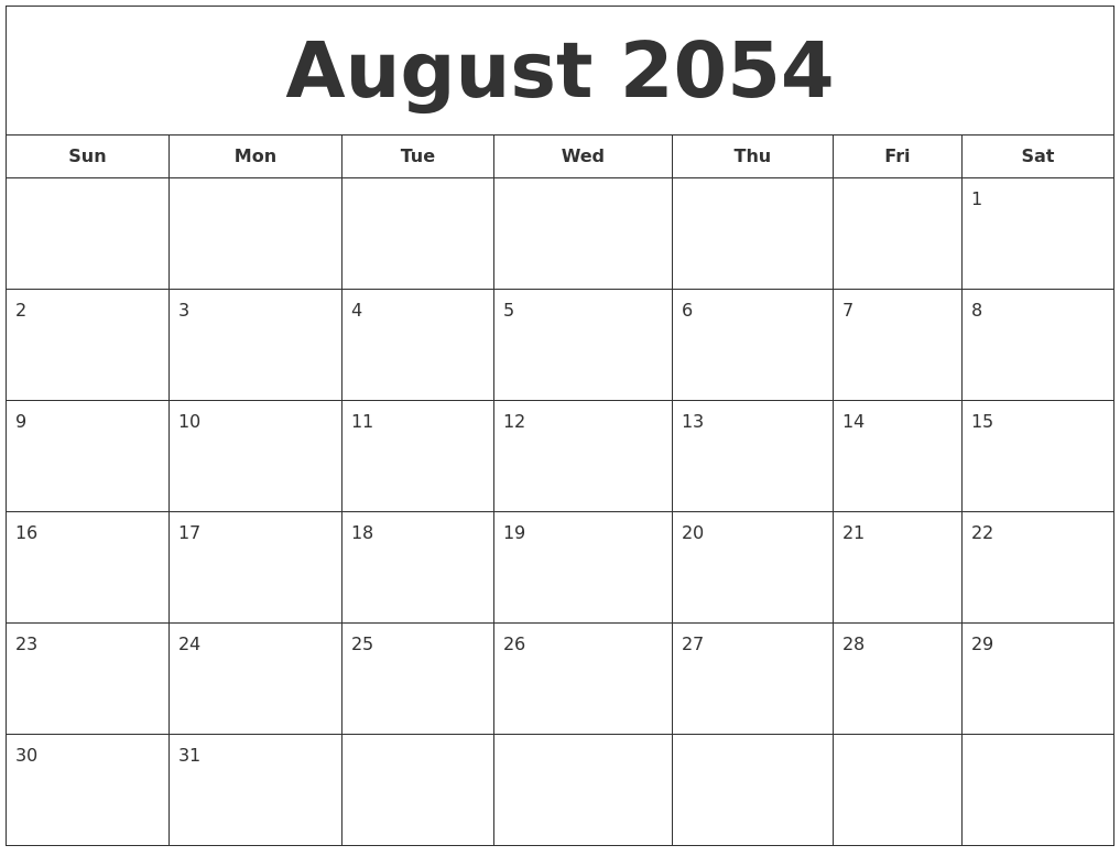 August 2054 Printable Calendar