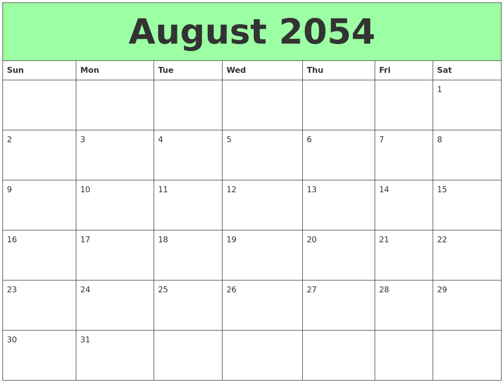 August 2054 Printable Calendars
