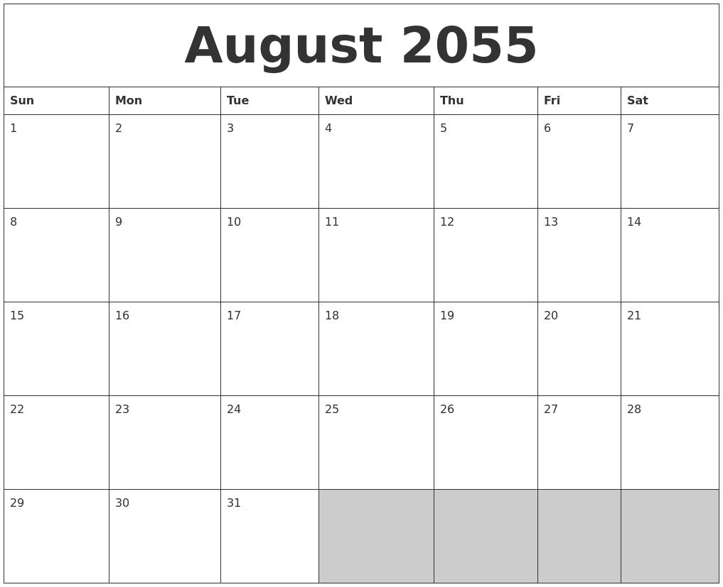 August 2055 Blank Printable Calendar