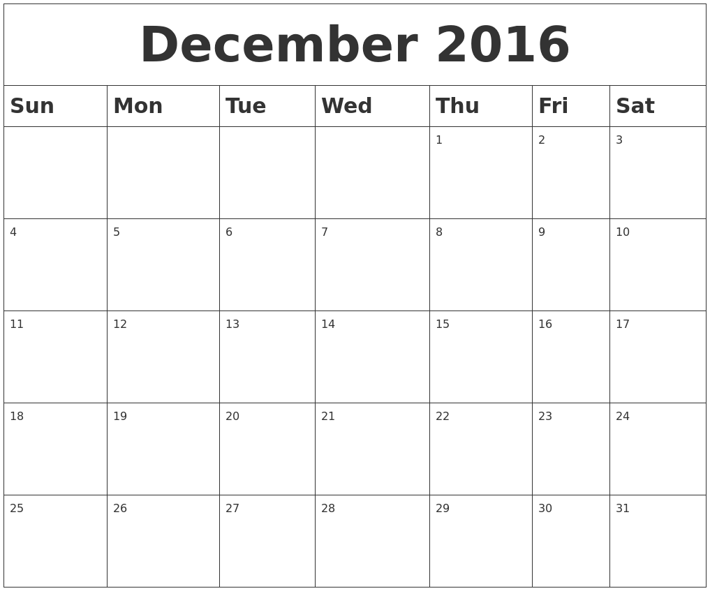 december 2016 blank calendar