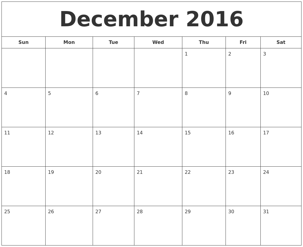 december 2016 printable calendar