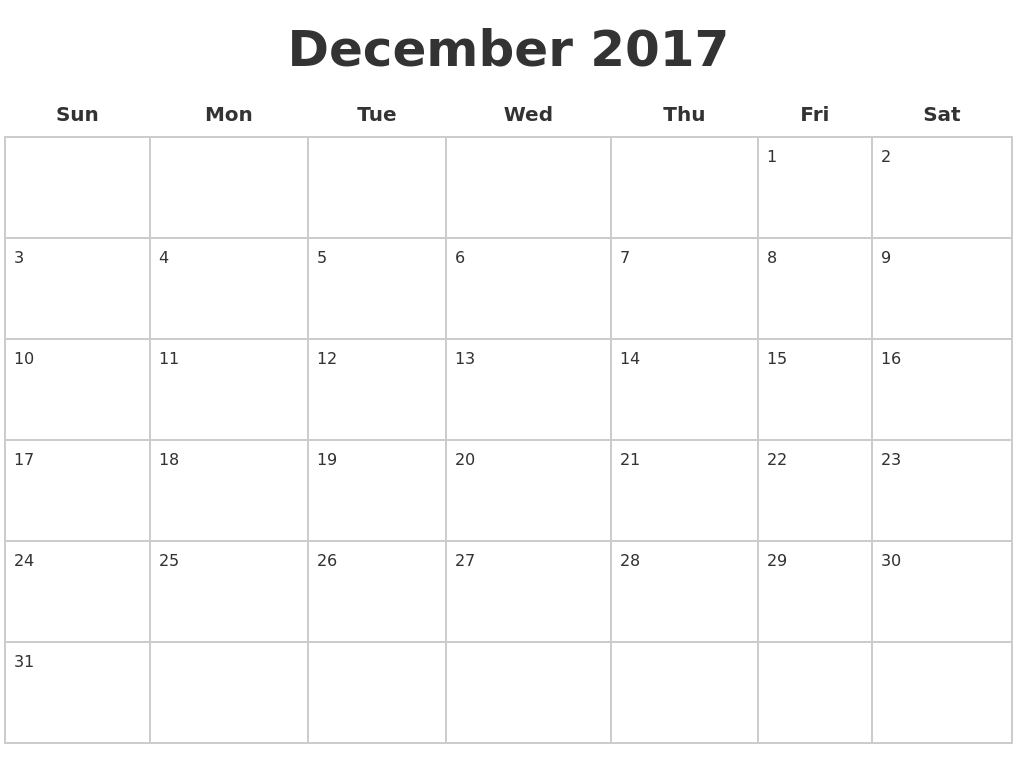 December 2017 Blank Calendar