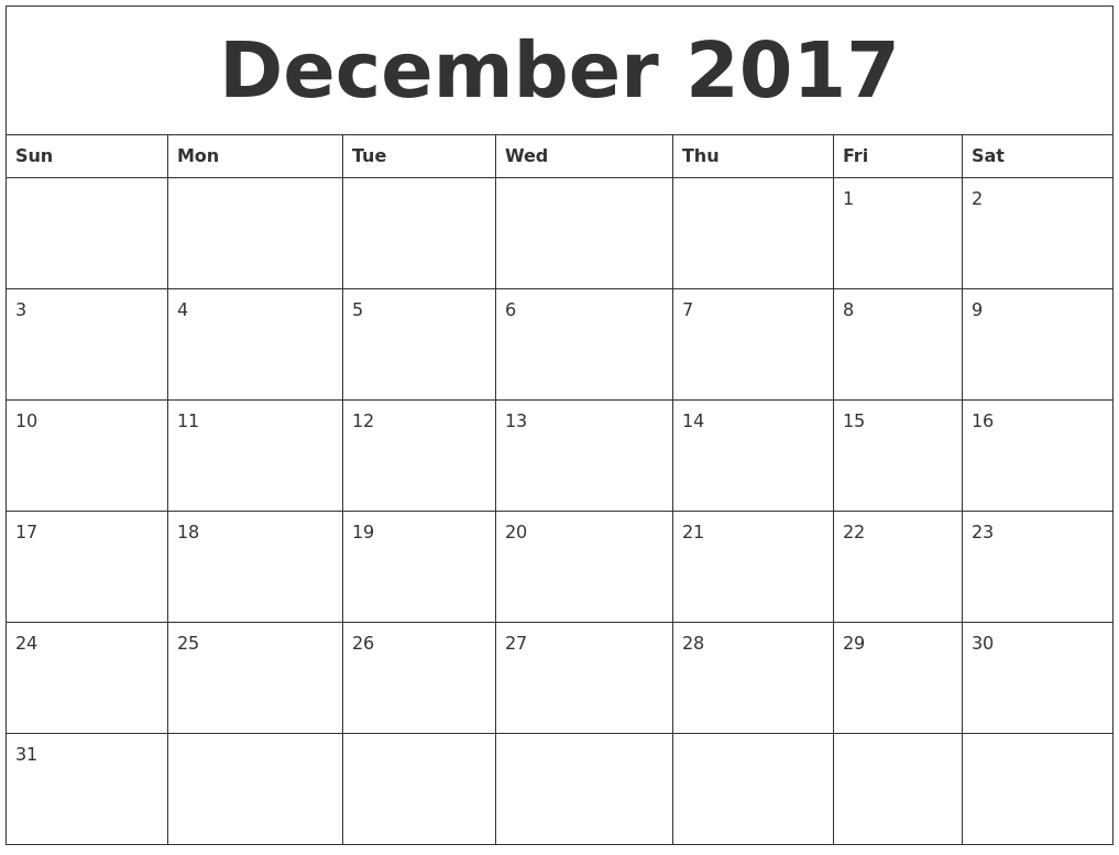 december 2017 create calendar