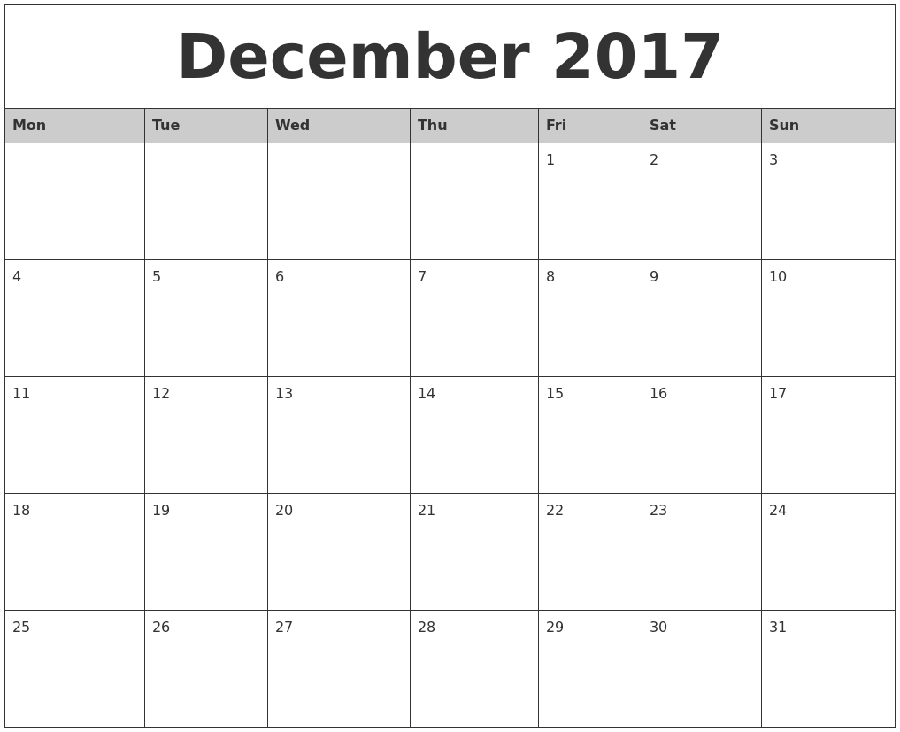 2017 December Calendar Printable