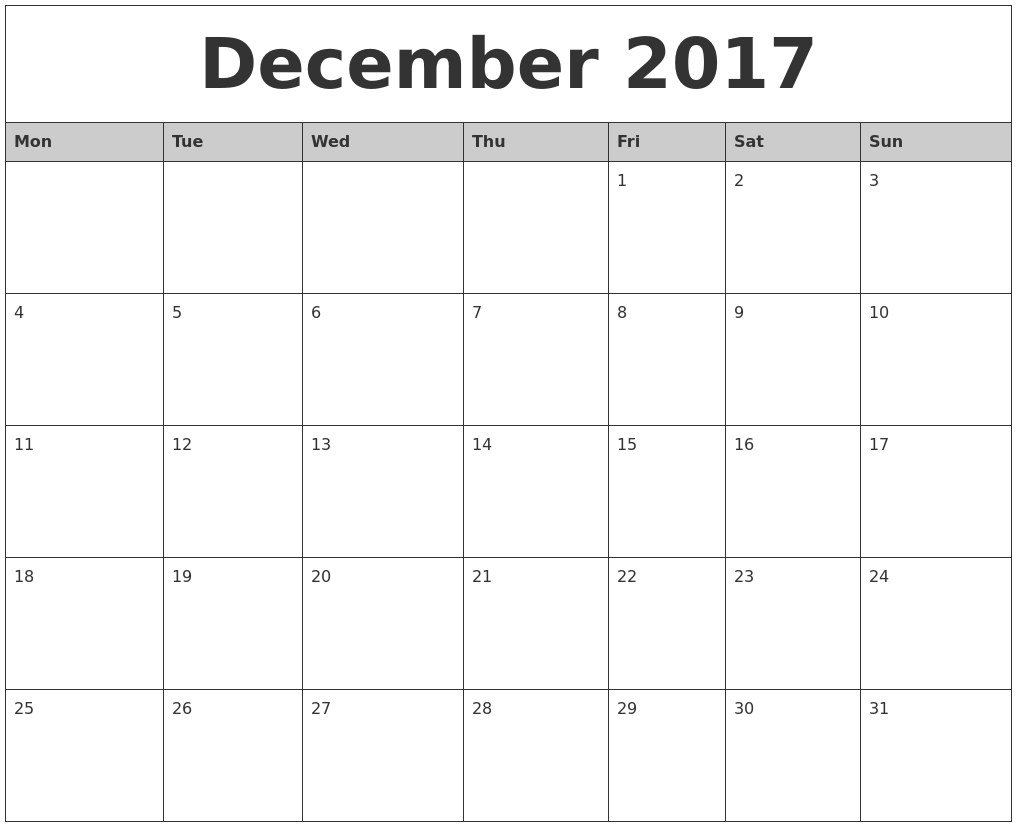 December 2017 Monthly Calendar Printable