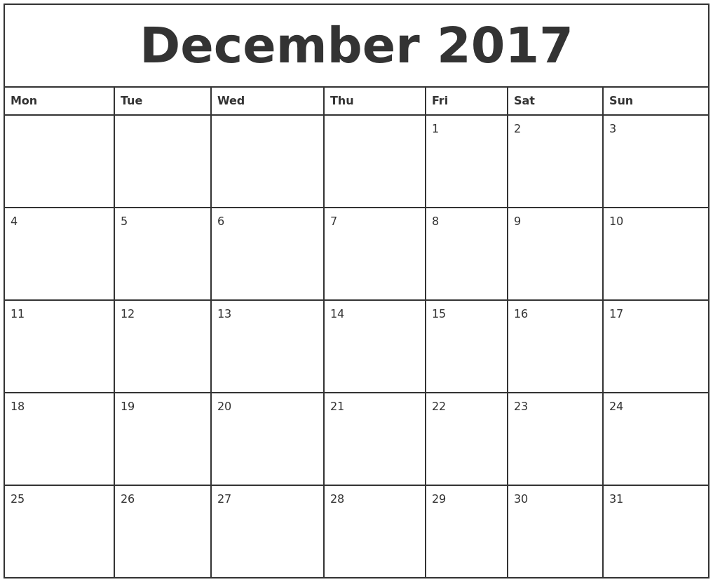 monthly blank calendar 2017