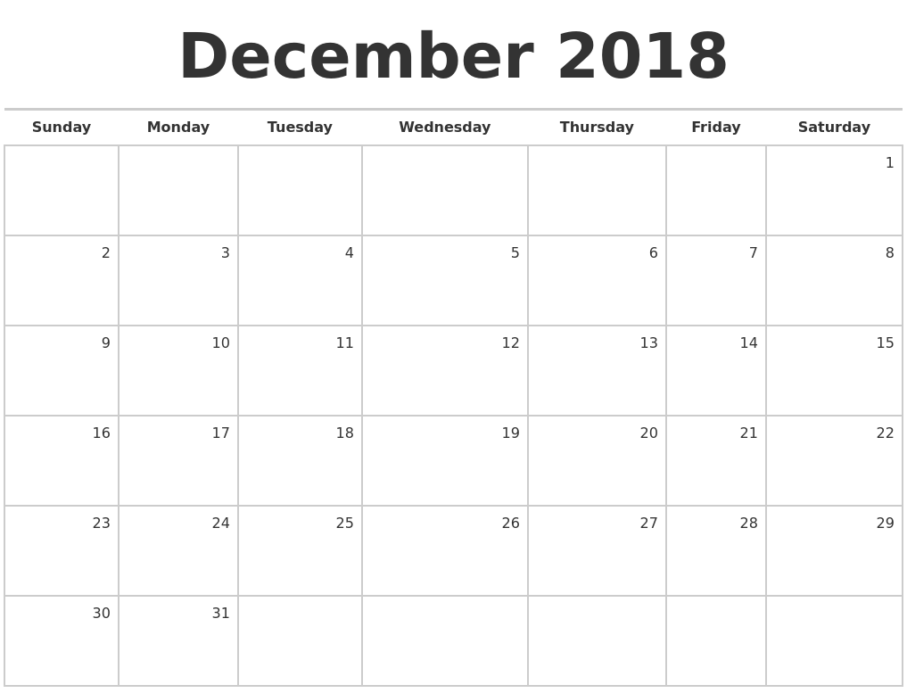 blank 2018 december calendar