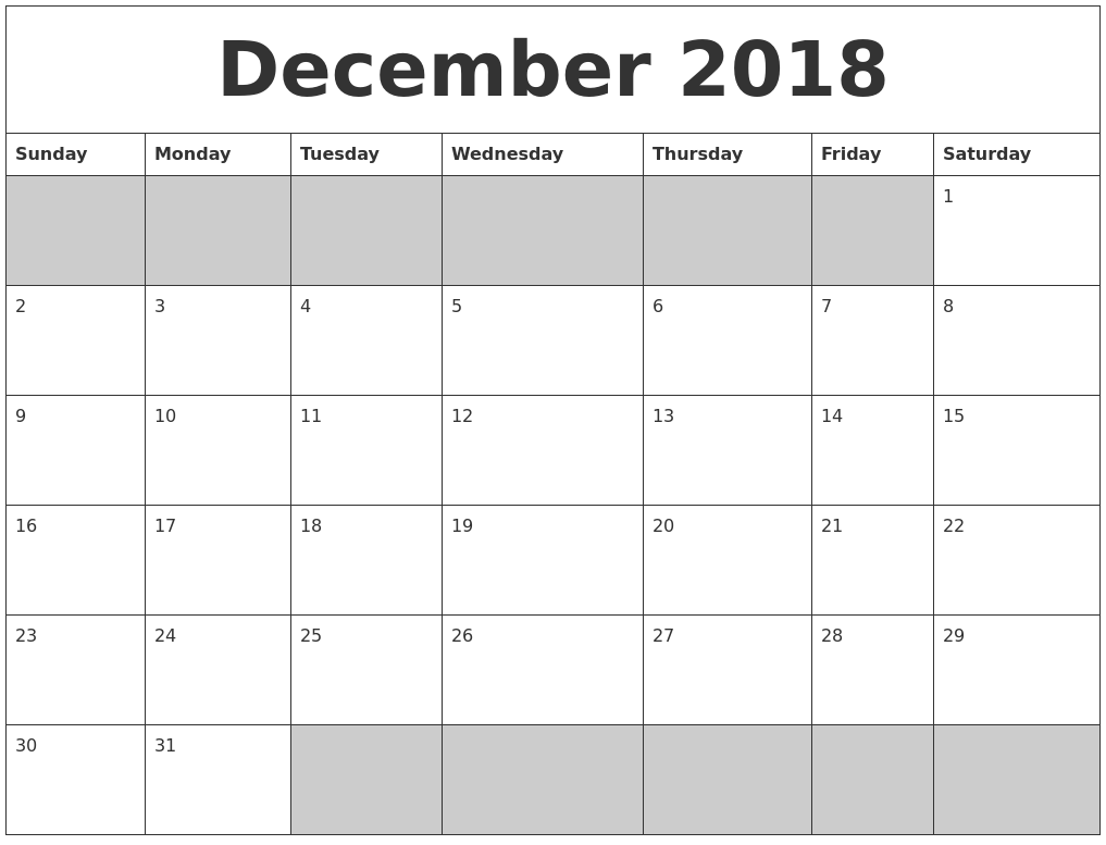 2018 Blank December Calendar