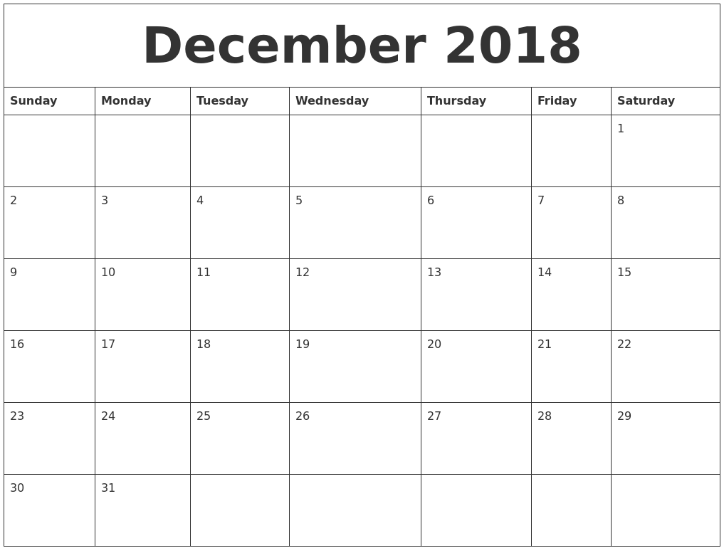 December 2018 Calendar - FREE DOWNLOAD